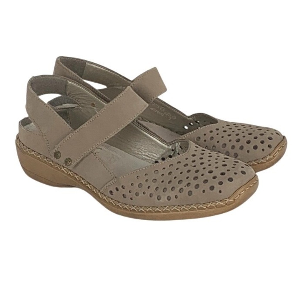 RIEKER Antistress Leather Perforated Mary Jane Flats Women's Sz 37 Taupe Beige